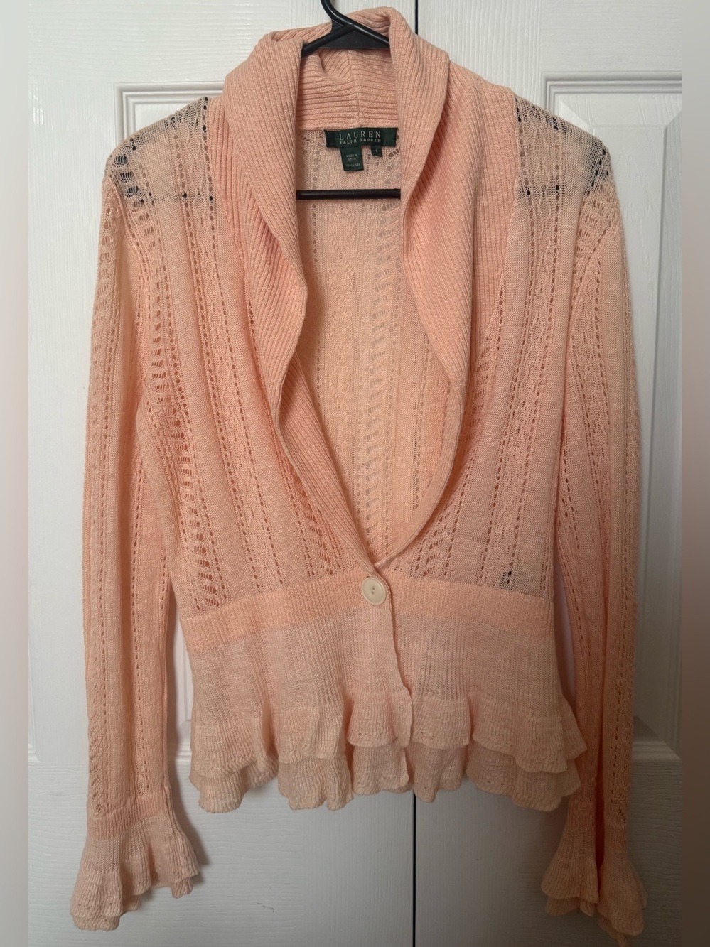 Ralph Lauren Peach Openwork Shawl Collar Cardigan Flowy Long sleeve